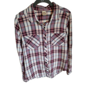 Faded Glory Red Black White Plaid Long Sleeve Button Up Shirt Sz M (8-10)